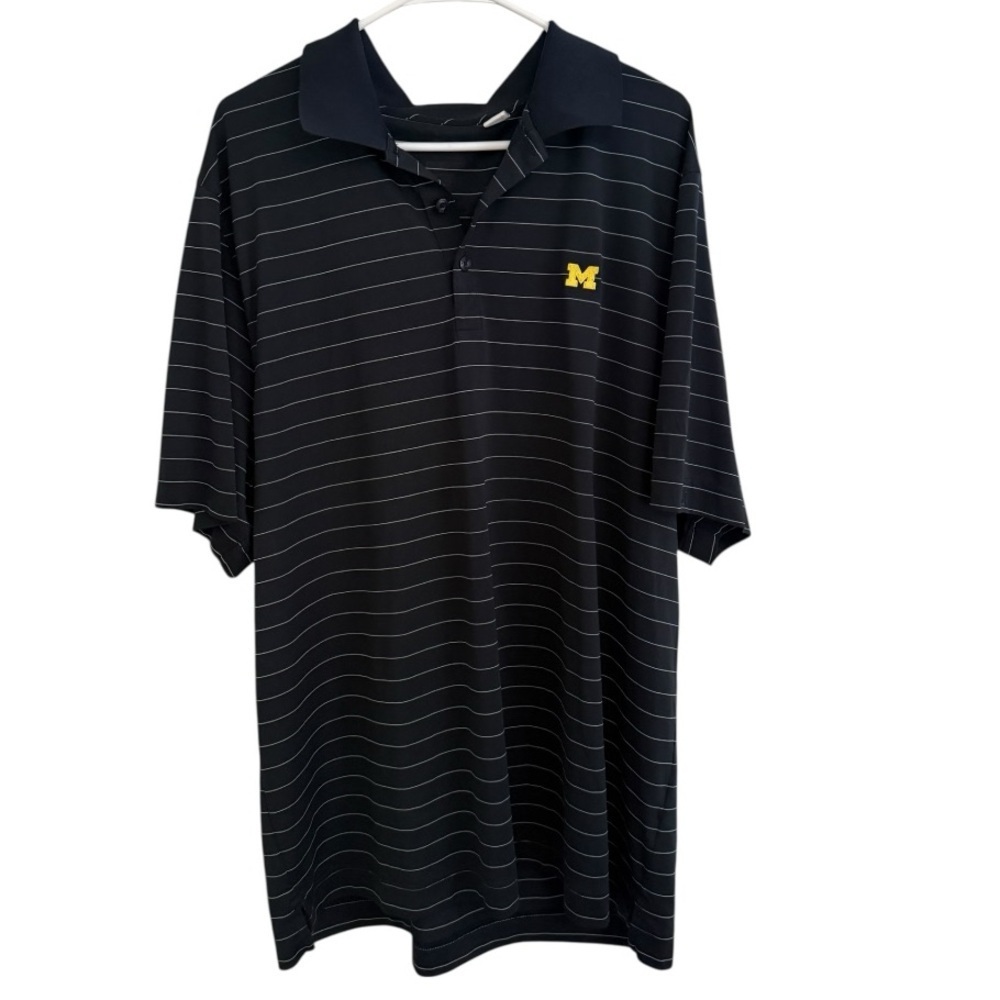 University of Michigan Navy Striped Polo with Yellow 'M' Chest Logo